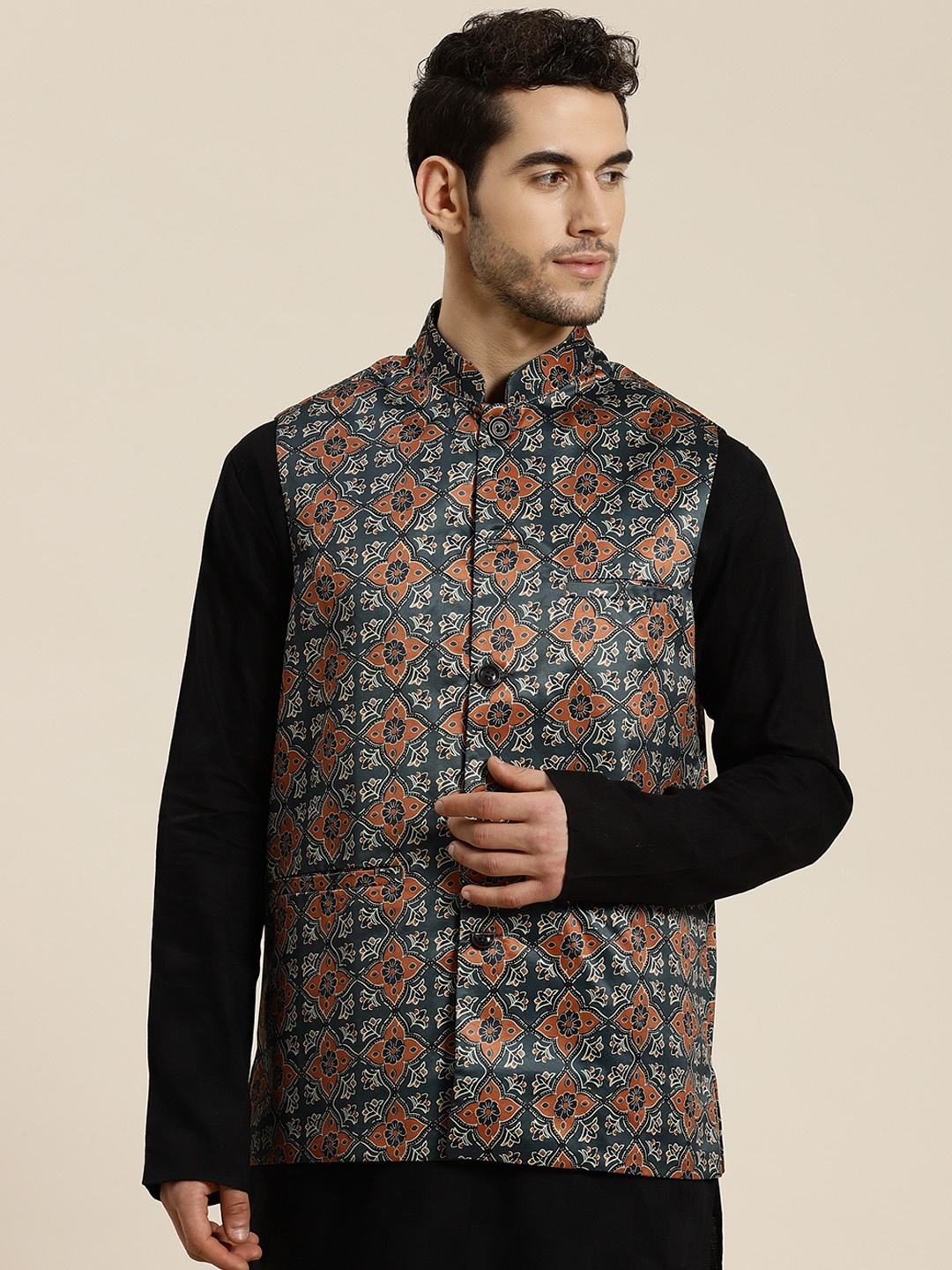 

SOJANYA Men Charcoal Grey & Brown Printed Nehru Jacket