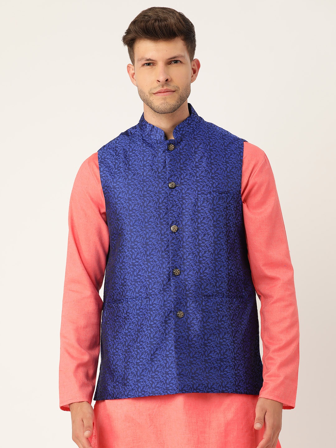 

Sojanya Men Blue Jacquard Silk Self Design Nehru Jacket
