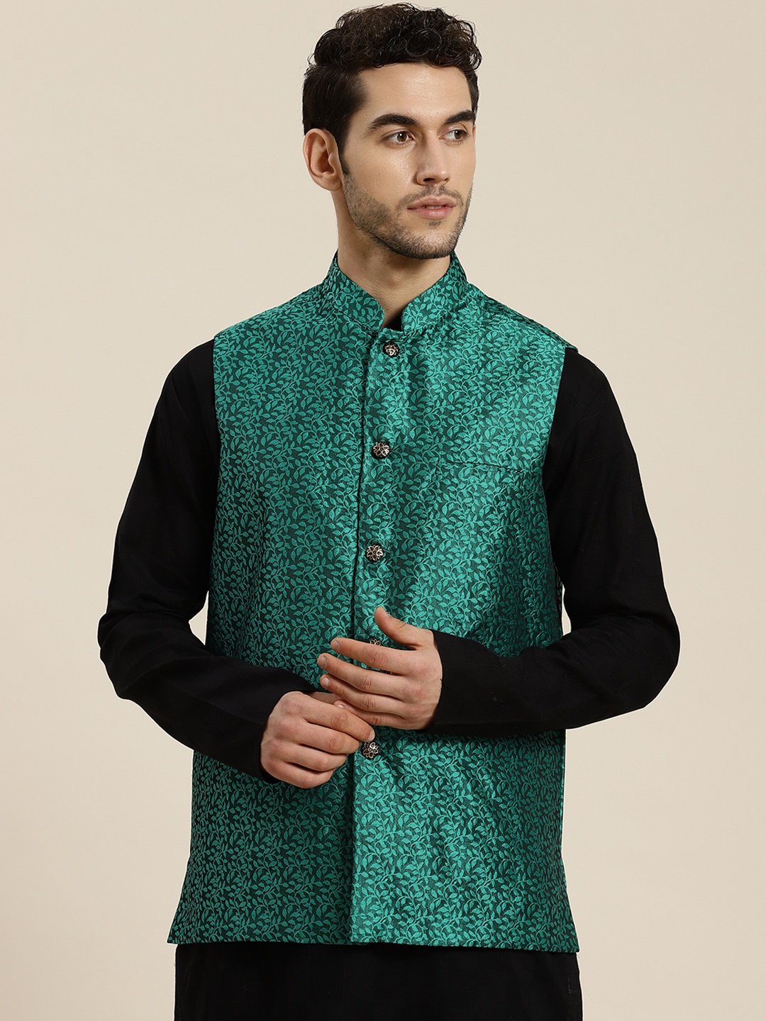 

SOJANYA Men Green & Black Self Design Jacquard Nehru Jacket
