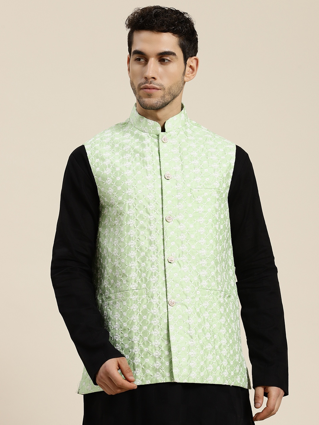 

SOJANYA Men Green & White Woven Design Nehru Jacket