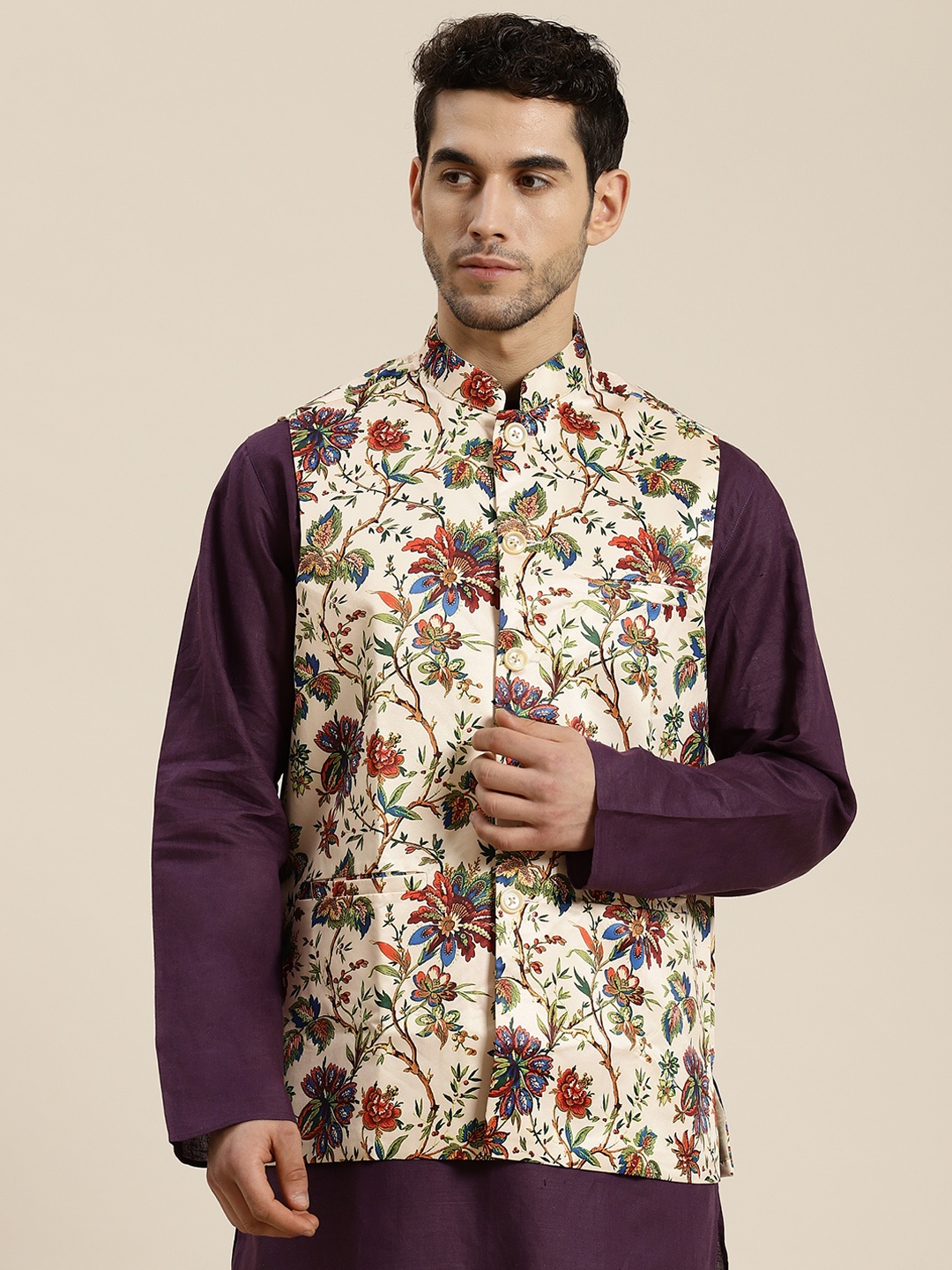 

SOJANYA Men Cream Colored & Red Printed Nehru Jacket