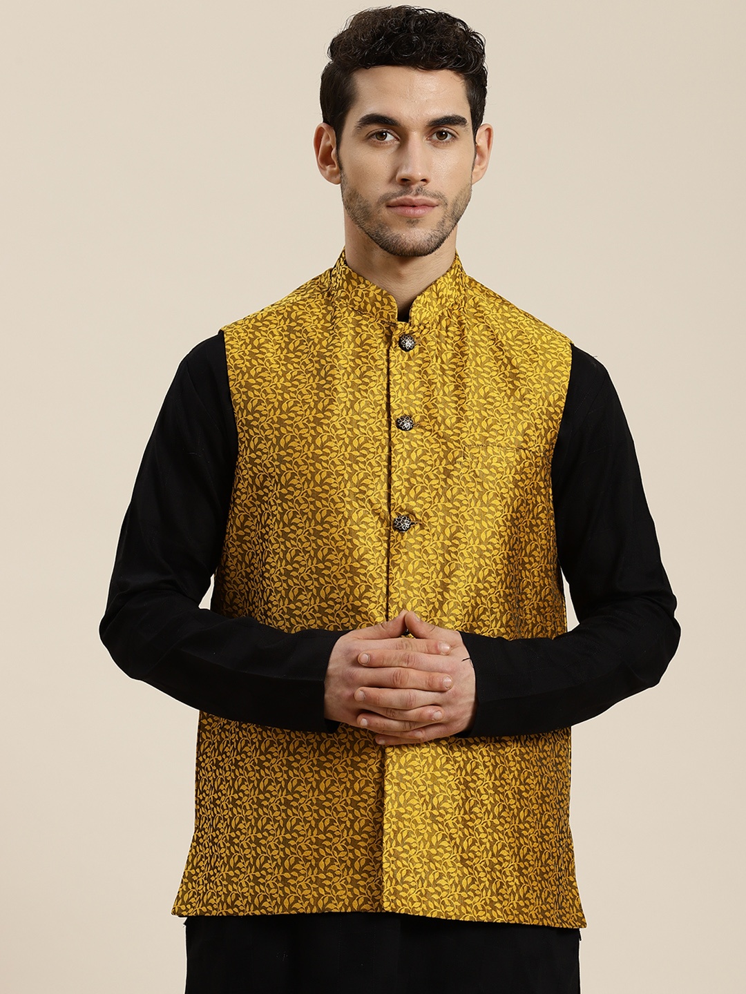 

SOJANYA Men Mustard Yellow & Taupe Self Design Jacquard Nehru Jacket