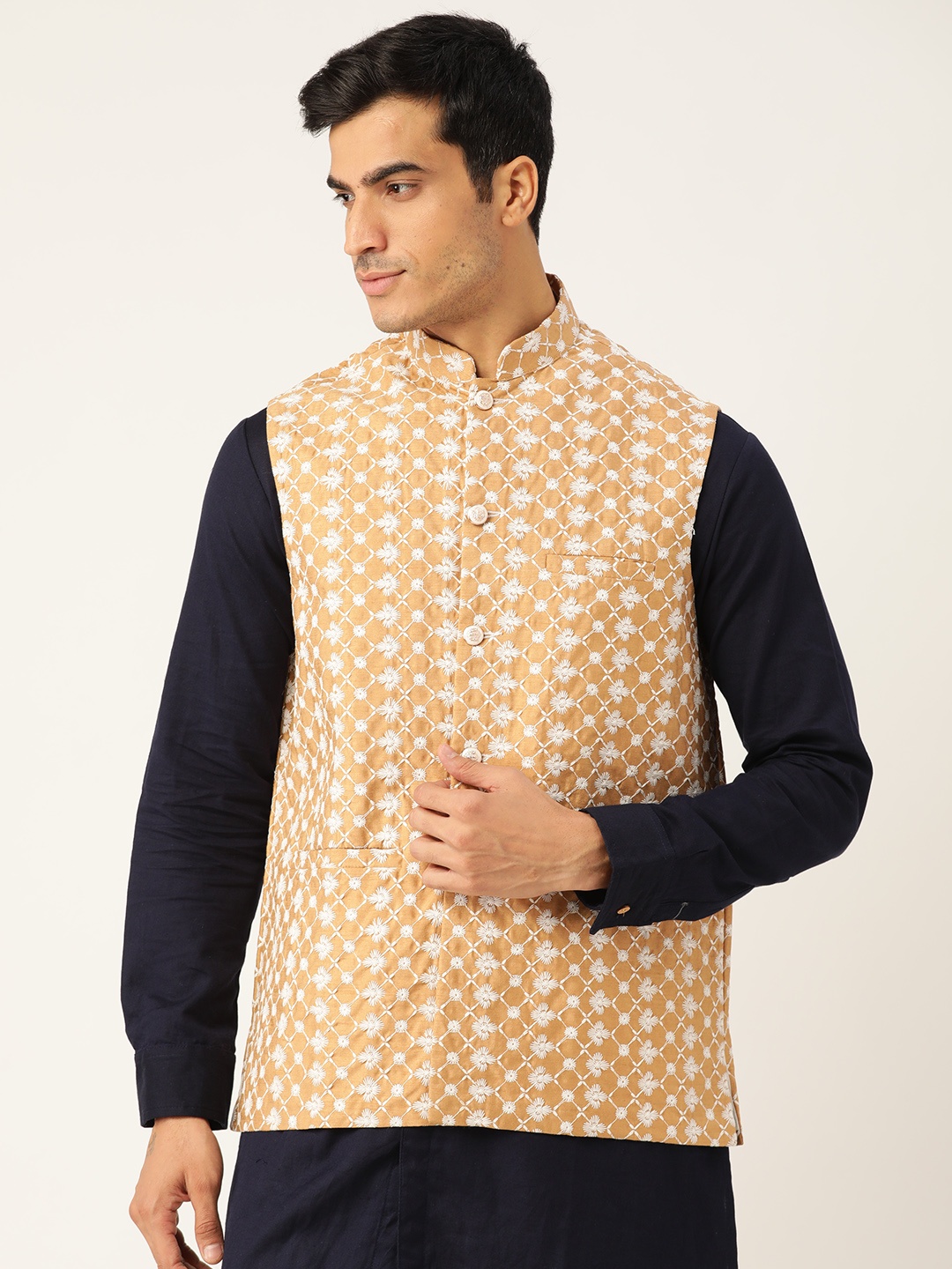 

Sojanya Men Mustard Yellow & Off-White Jacquard Silk Self Design Nehru Jacket