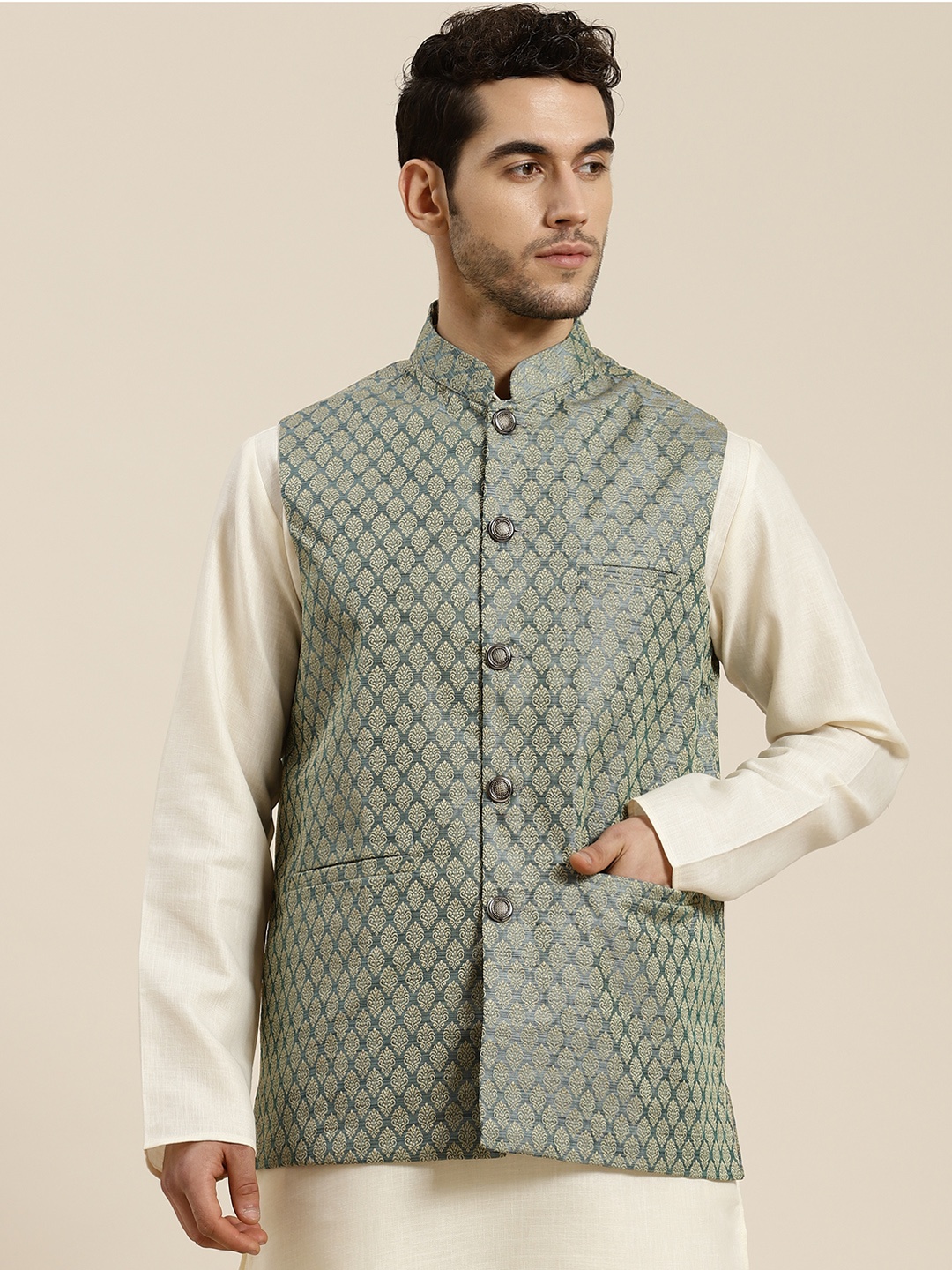 

SOJANYA Men Green & Breige Woven Design Jacquard Silk Nehru Jacket