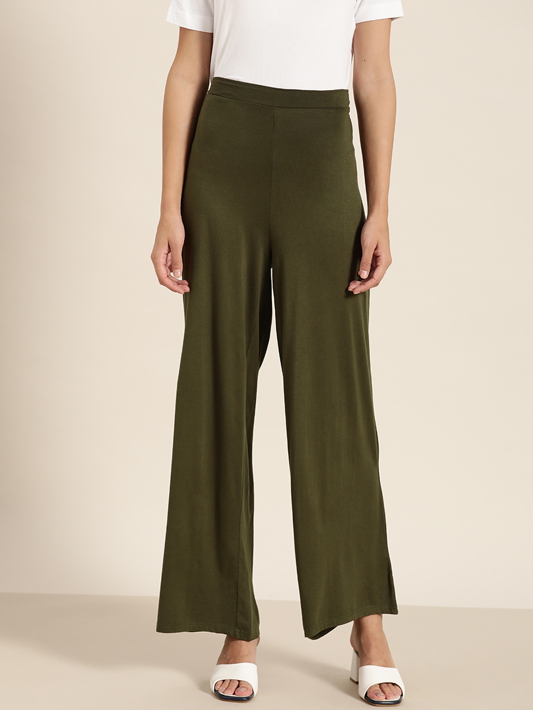 

her by invictus Women Olive Green High-Rise Parallel Trousers