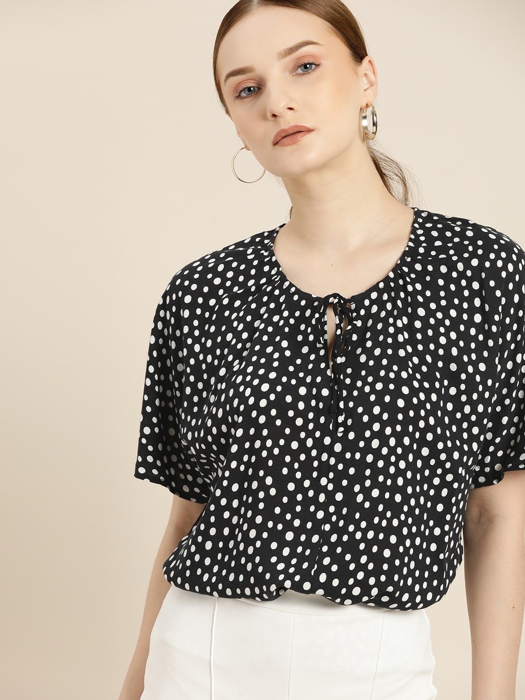 

her by invictus Black & White Tie-Up Neck Extended Sleeves Monochrome Regular Top