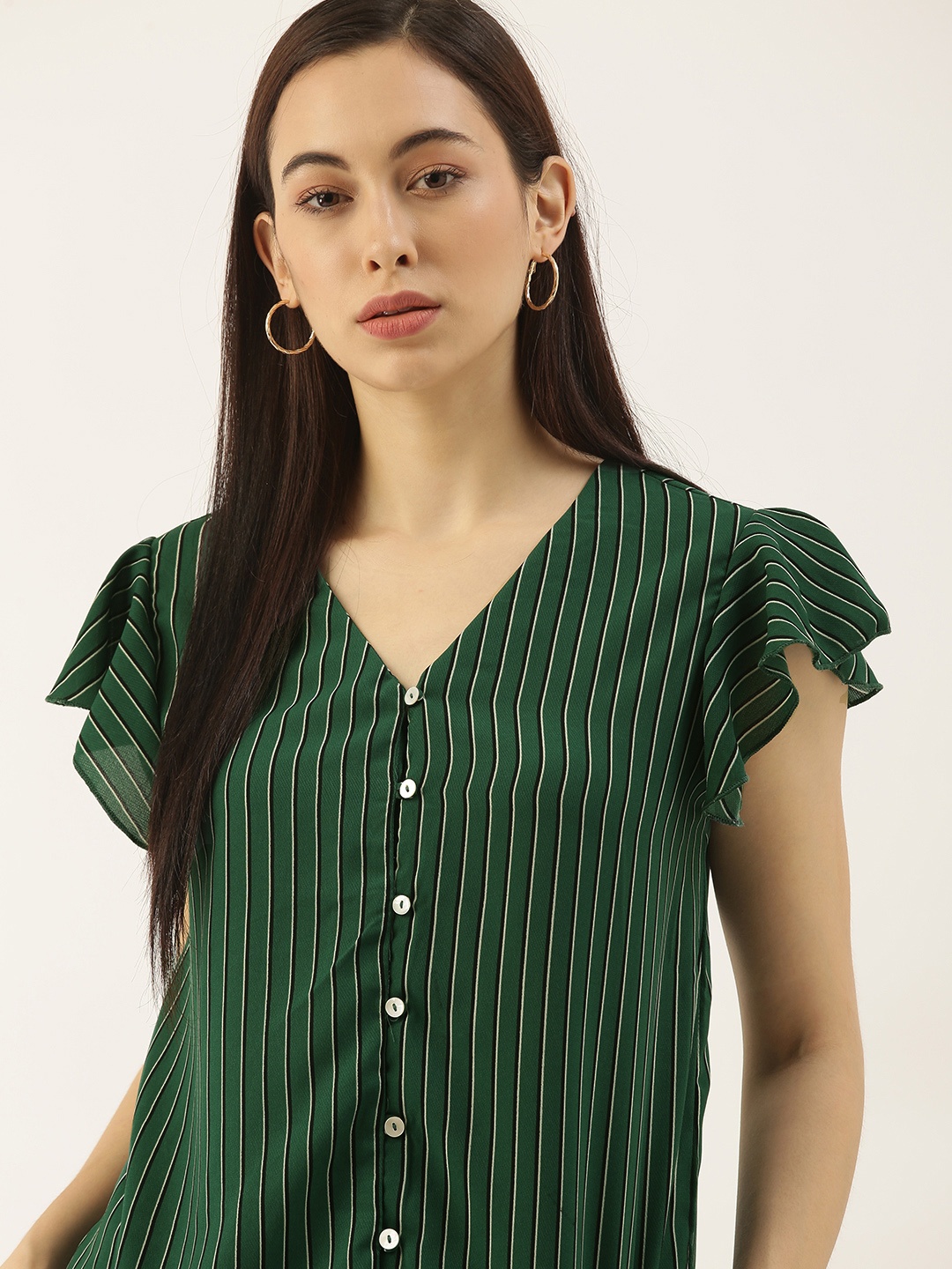 

her by invictus Green Striped Flutter Sleeve Regular Top