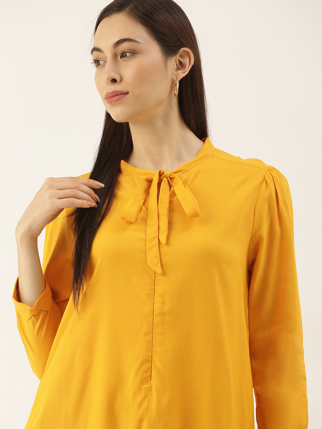 

her by invictus Mustard Yellow Tie-Up Neck A-Line Dress