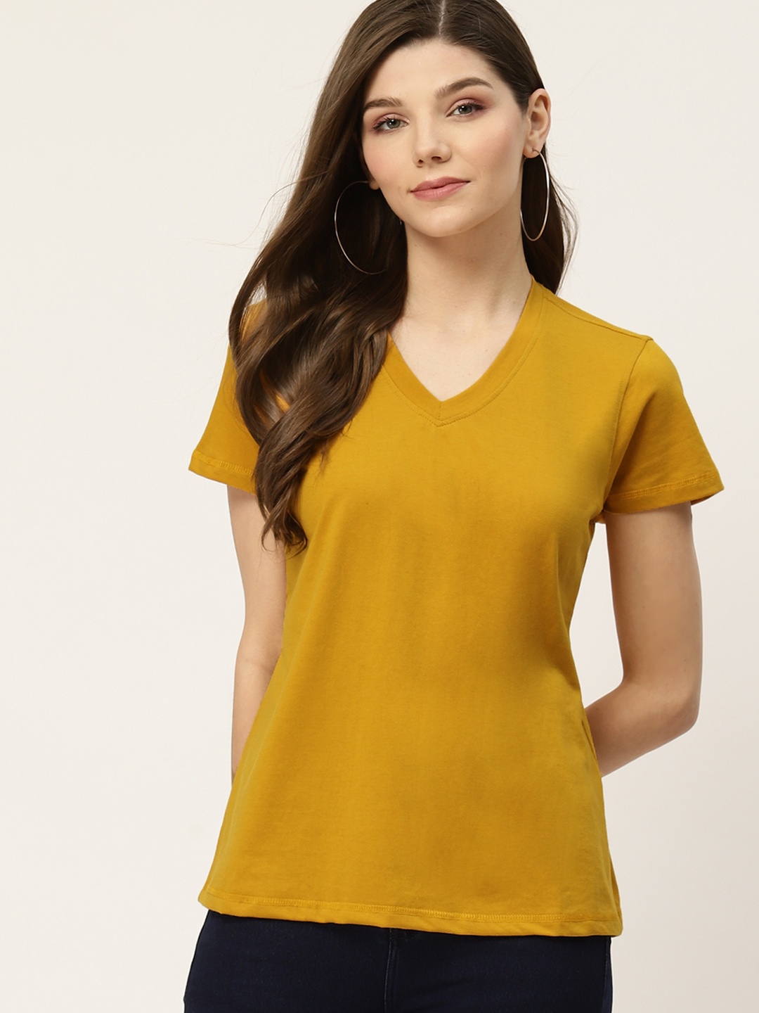 

Invictus Indoor Women Mustard Yellow Solid V-Neck T-shirt