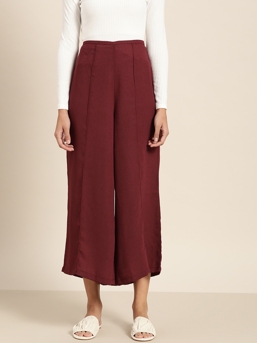 

her by invictus Women Burgundy Solid Pleated Cropped Parallel Trousers