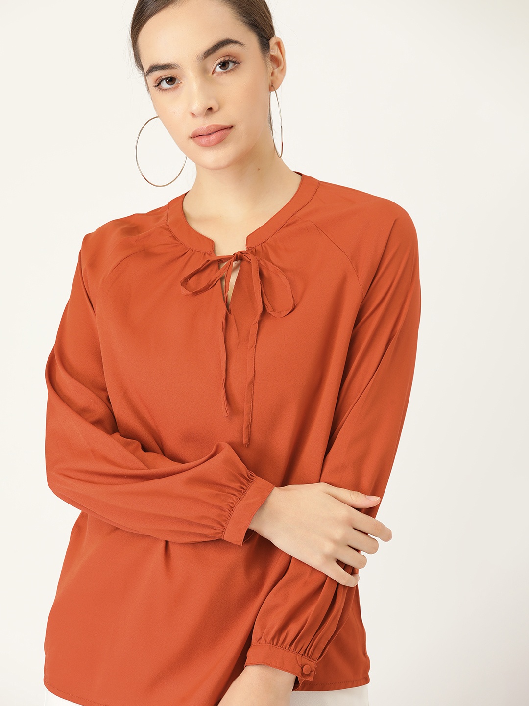 

her by invictus Women Rust Orange Solid Tie-Up Neck Regular Top