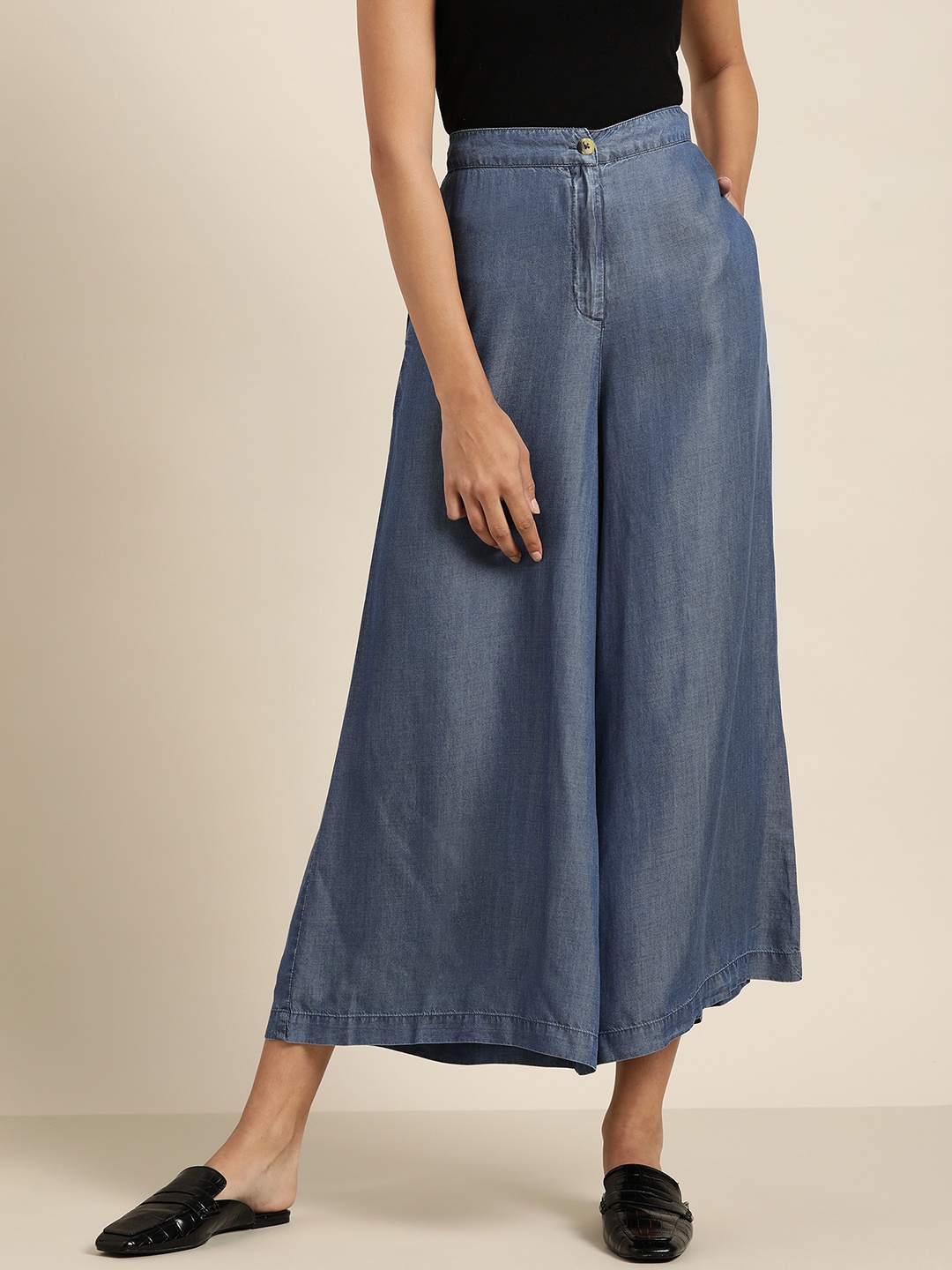 

her by invictus Women Blue Flared Cotton Trousers
