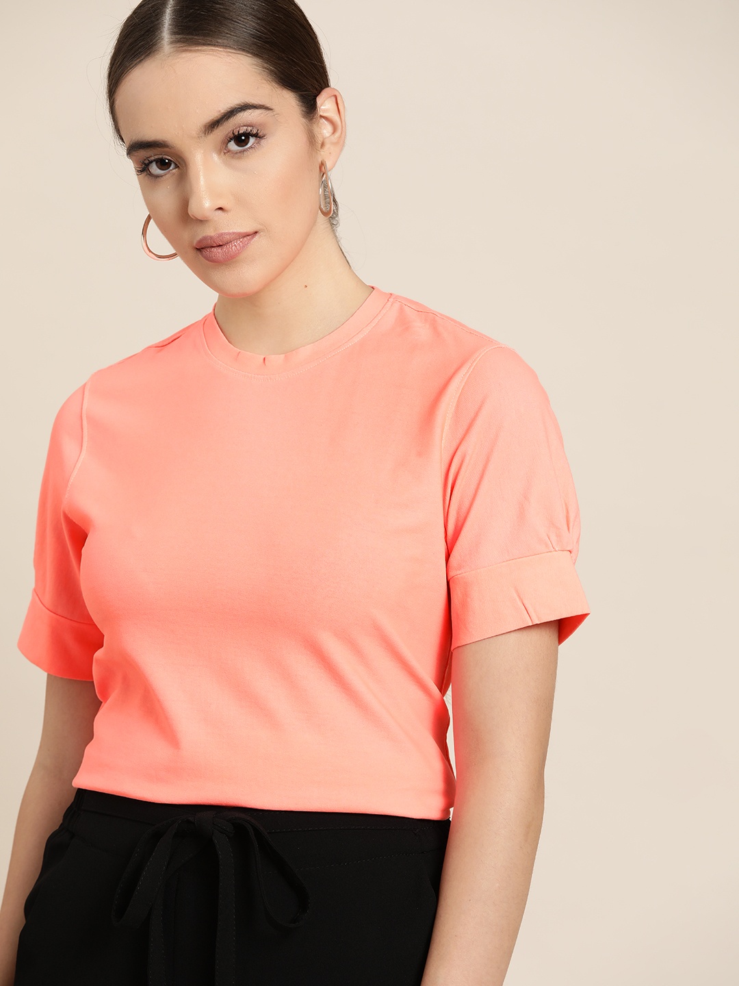 

her by invictus Peach Coloured Solid Gathered Regular Top