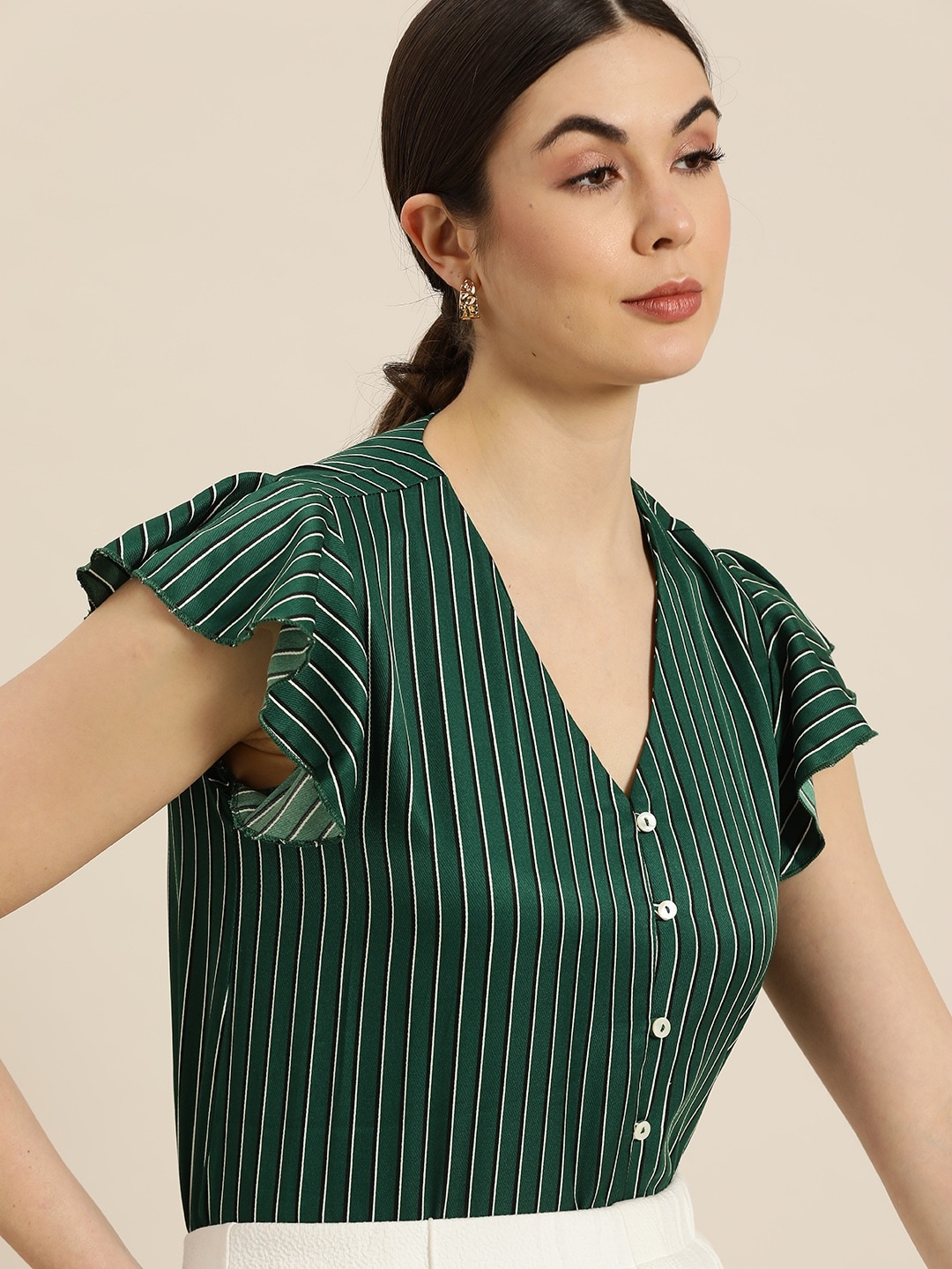 

her by invictus Women Green & White Striped Flared Sleeves Shirt Style Formal Top