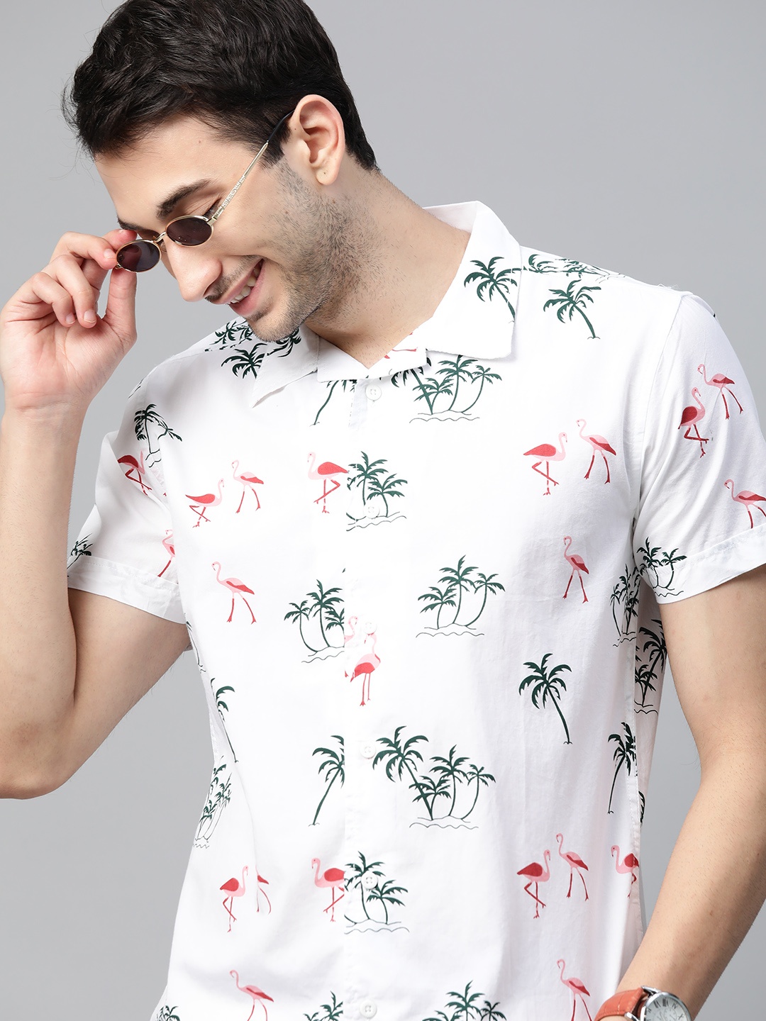 

HERE&NOW Men White & Green Slim Fit Printed Pure Cotton Casual Shirt