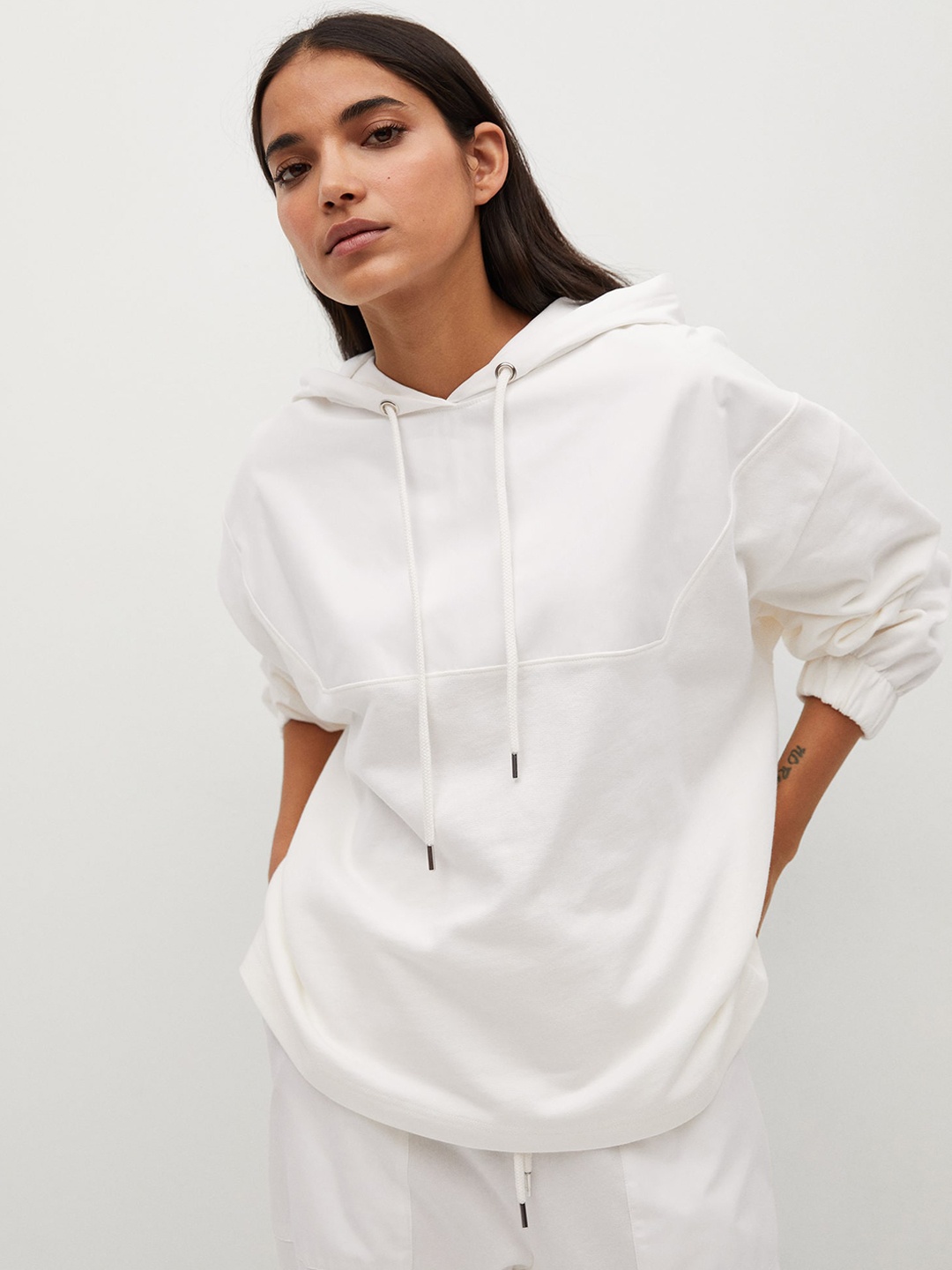 

MANGO Women White Pure Cotton Solid Hooded Sweatshirt