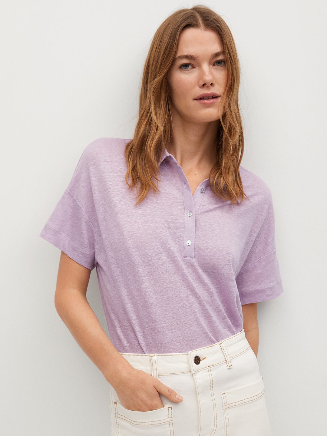 

MANGO Women Lavender Pure Linen Solid Polo Collar T-shirt