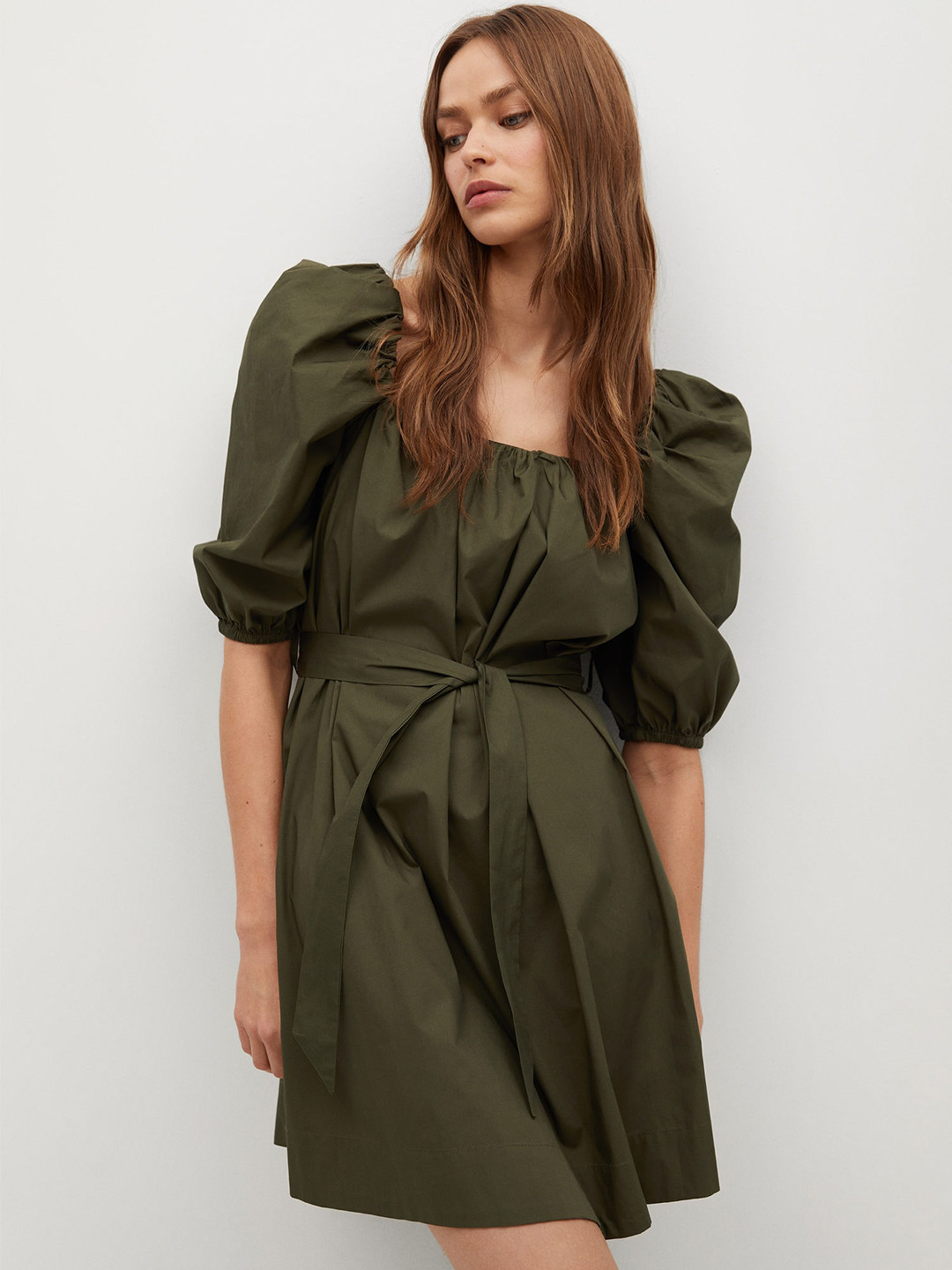 

MANGO Women Sustainable Olive Green Solid Power Shoulders Pure Cotton A-Line Dress
