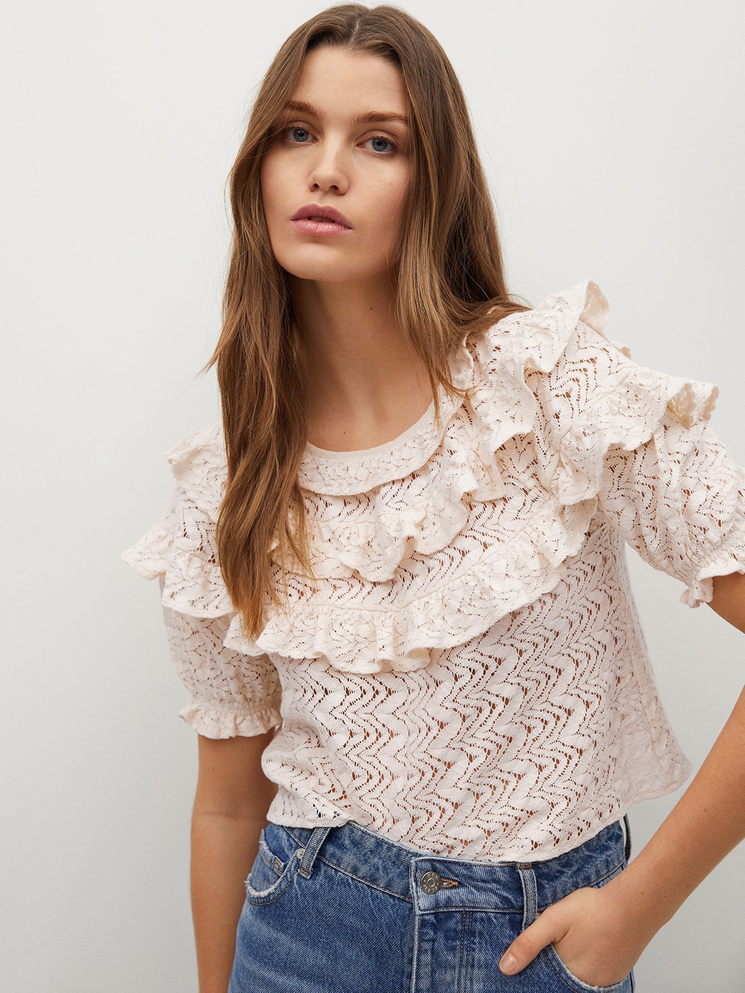 

MANGO Off White Puff Sleeves Pure Cotton Sustainable Regular Top