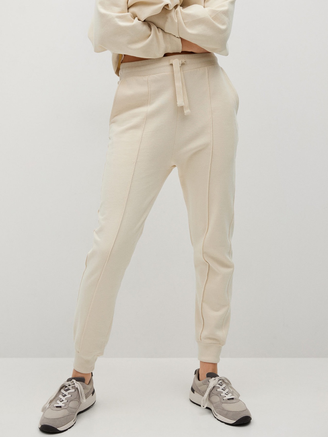 

MANGO Women Beige Solid Organic Cotton Darted Joggers