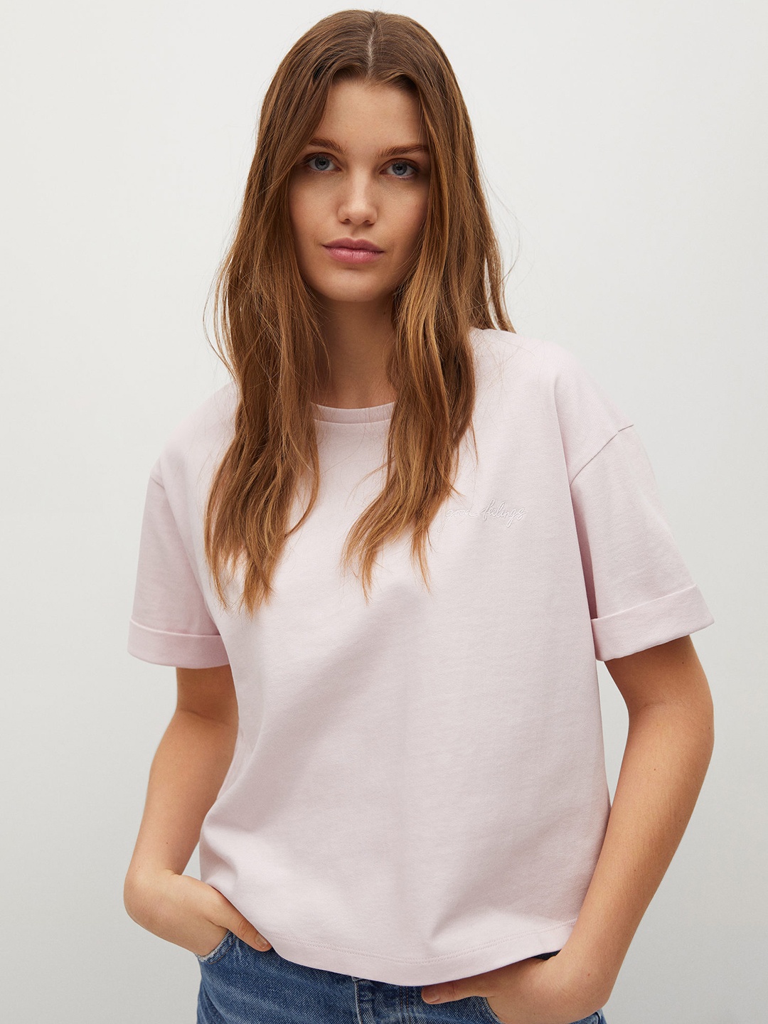 

MANGO Women Pink Solid Round Neck Sustainable Pure Cotton T-shirt