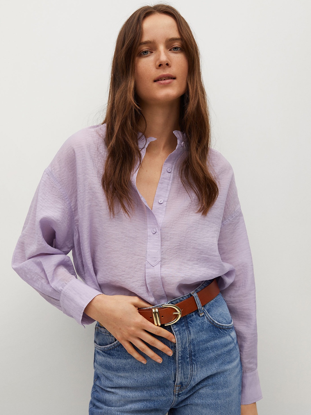 

MANGO Sustainable Lavender Mandarin Collar Shirt Style Top