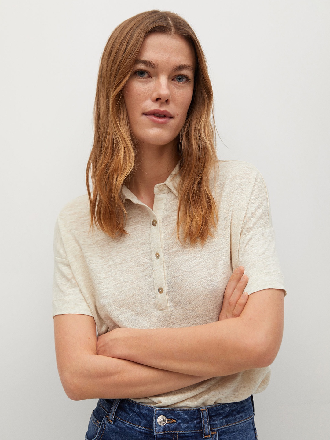 

MANGO Women Off-White Solid Pure Linen Polo Collar T-shirt