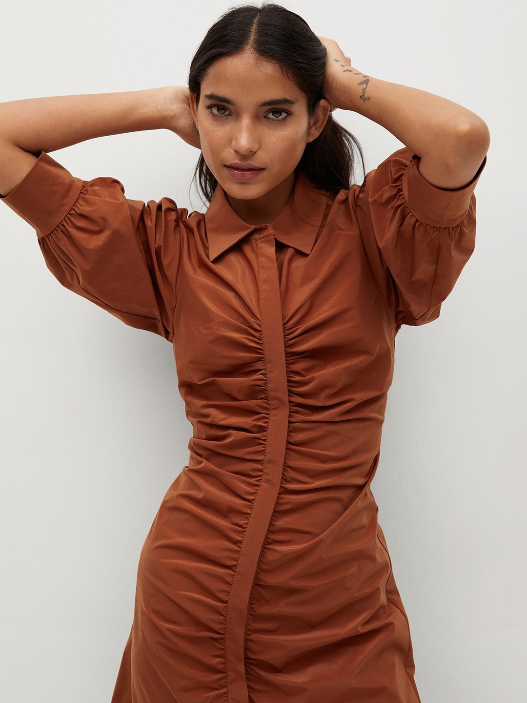 

MANGO Women Rust Brown Solid Shirt Dress