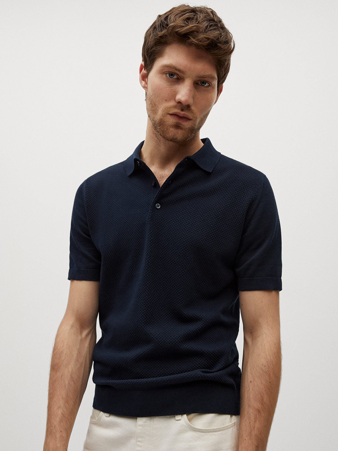 

MANGO MAN Men Navy Blue Sustainable Cotton Self Design Polo Collar T-shirt