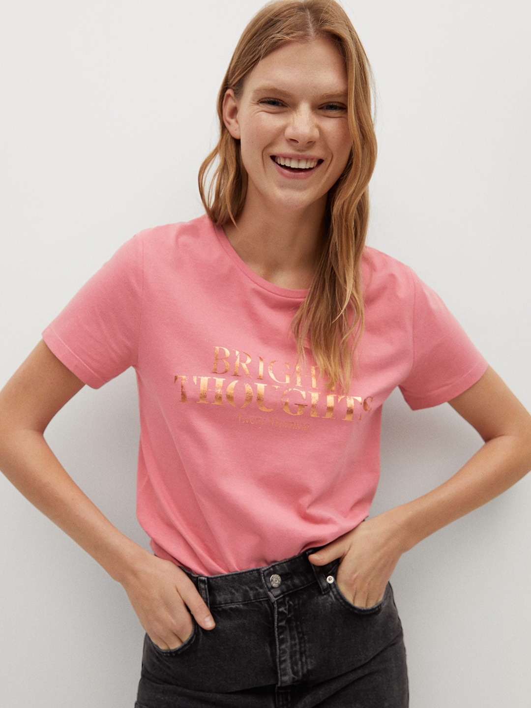 

MANGO Women Pink Golden Slogan Print Organic Cotton T-shirt