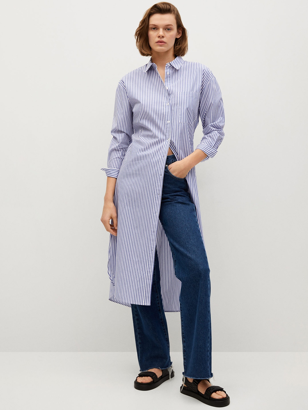 

MANGO White & Blue Striped Cotton Shirt Midi Dress
