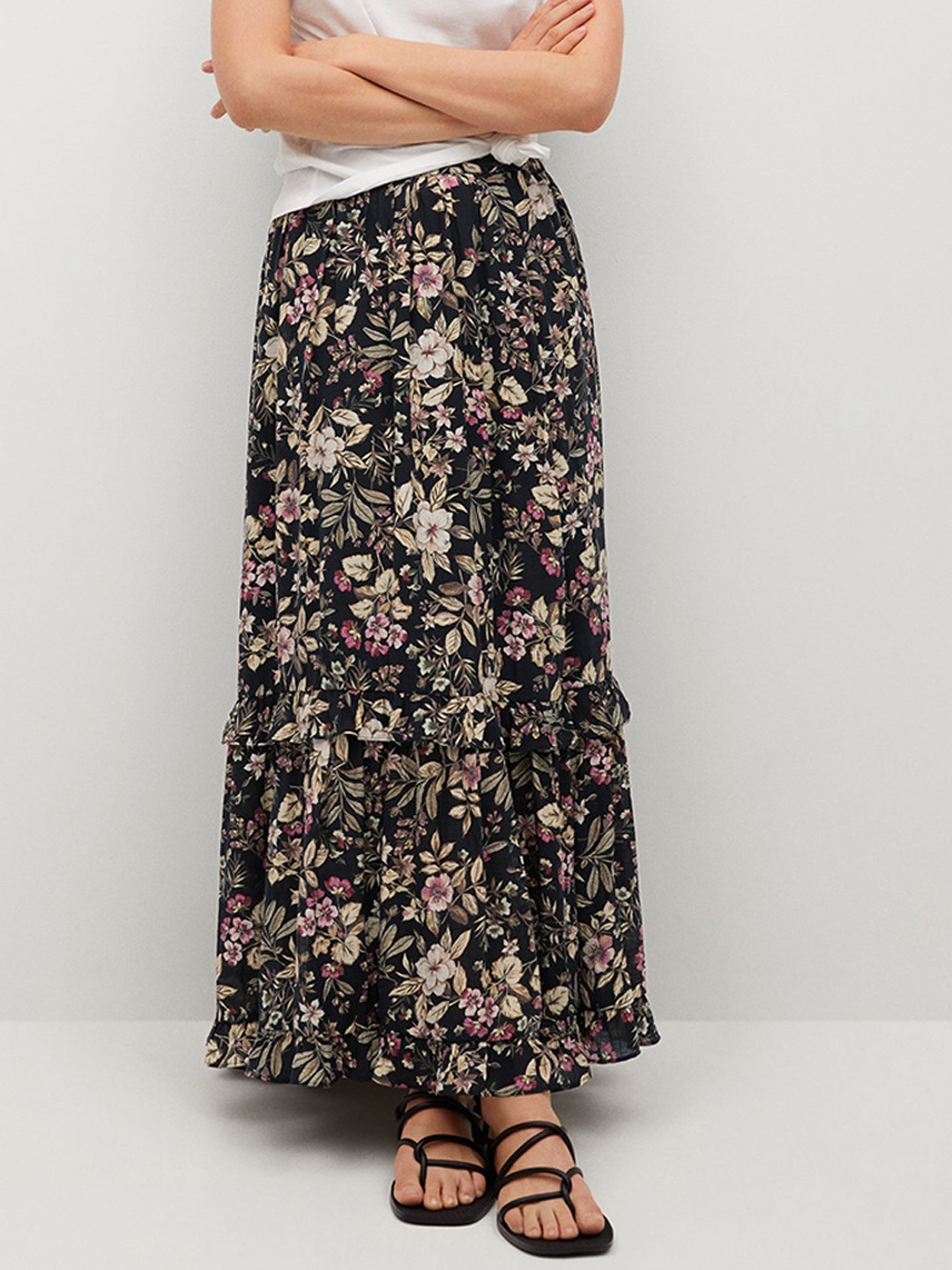 

MANGO Black & Beige Flared Ruffled Maxi Sustainable Skirt