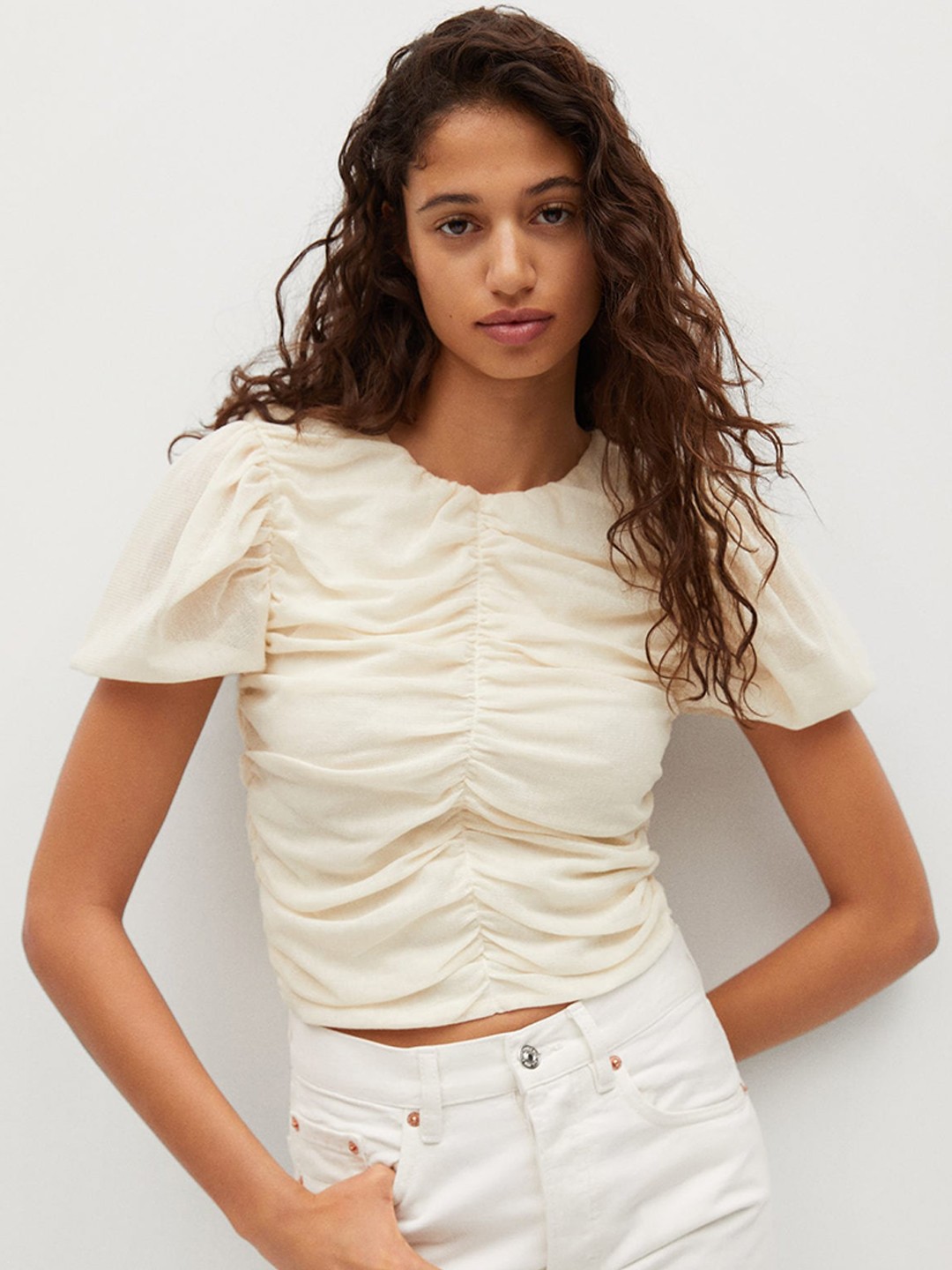 

MANGO Off White Puff Sleeves Pure Cotton Ruched Fitted Top