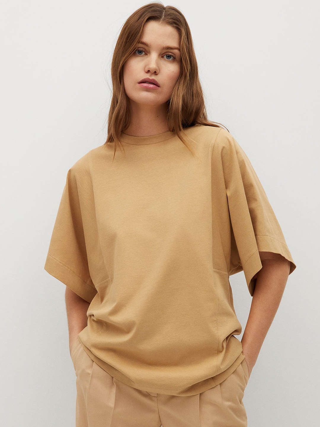 

MANGO Women Beige Organic Cotton Solid Round Neck T-shirt
