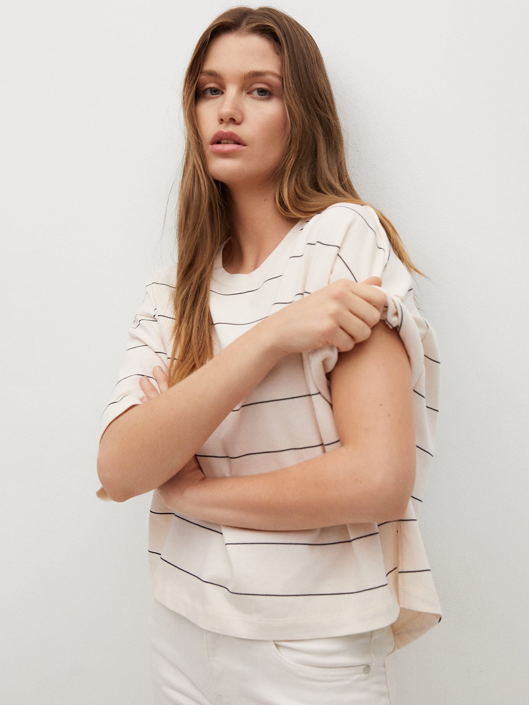 

MANGO Women Off-White & Black Organic Cotton Striped Boxy Round Neck T-shirt