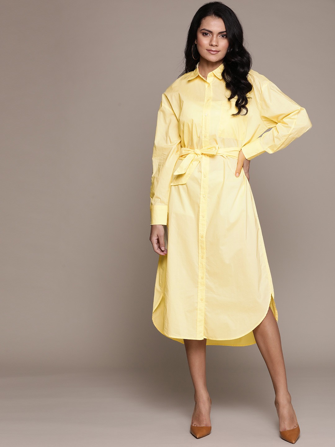 

MANGO Women Yellow Pure Cotton Printed Shirt Dress