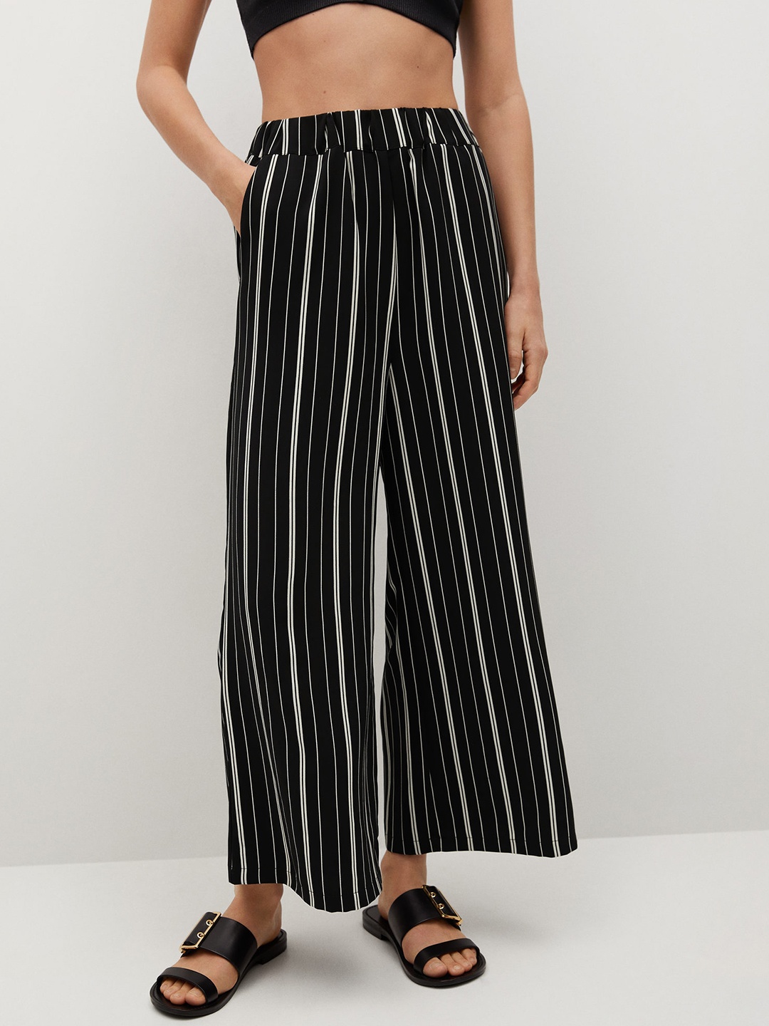 

MANGO Women Black & Off-White Striped Culottes
