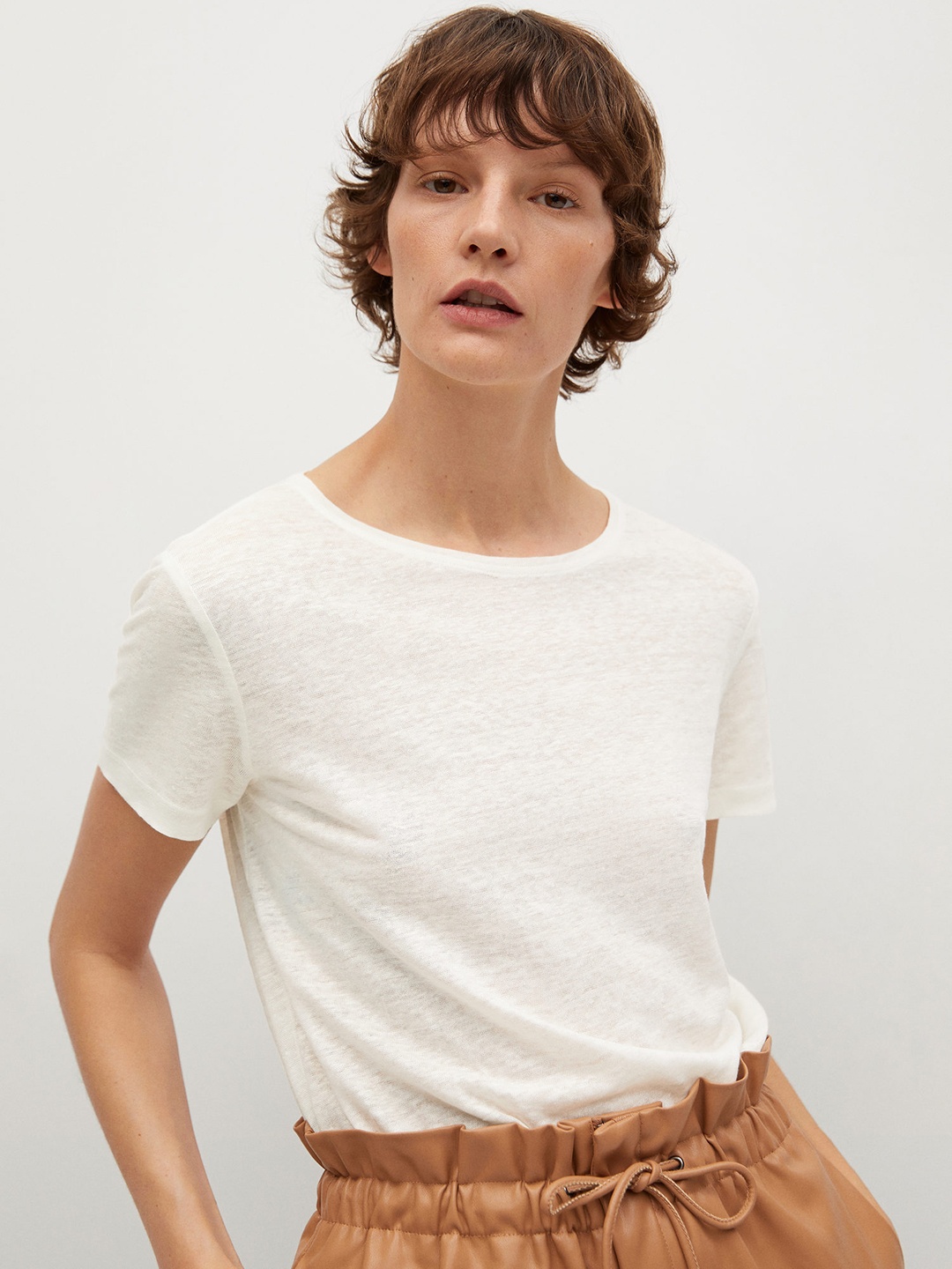 

MANGO Women Off-White Solid Pure Linen Round Neck T-shirt