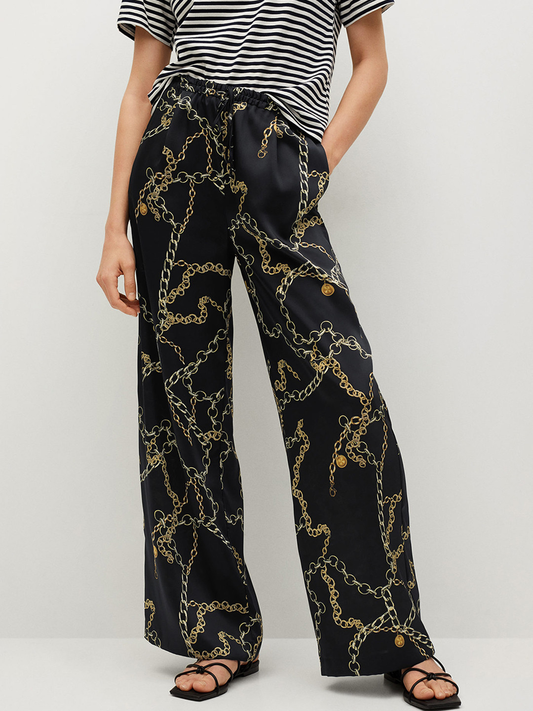 

MANGO Women Black & Yellow Printed Sustainable Parallel Trousers