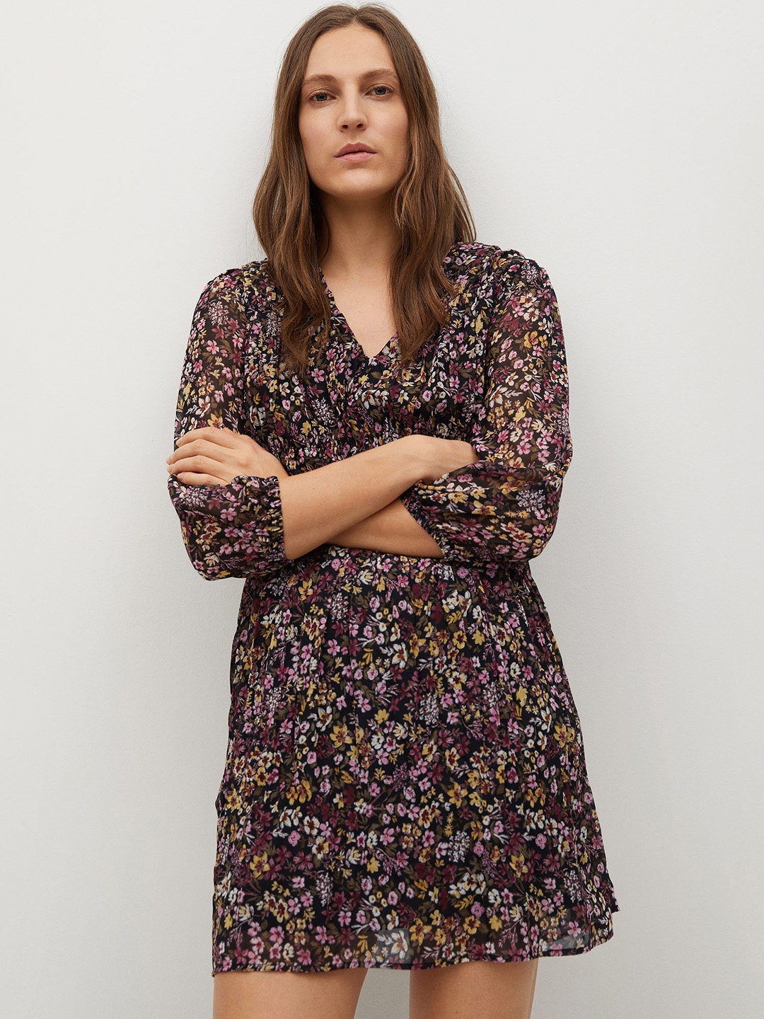 

MANGO Women Black & Pink Floral Printed Recycled Polyester Accordian Pleated A-Line Dress