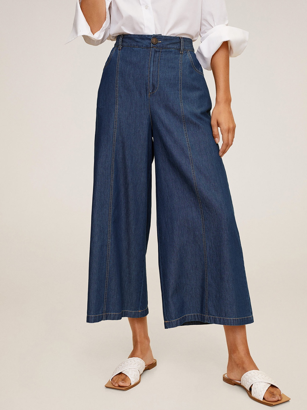 

MANGO Women Blue Pure Cotton Solid Denim Culottes