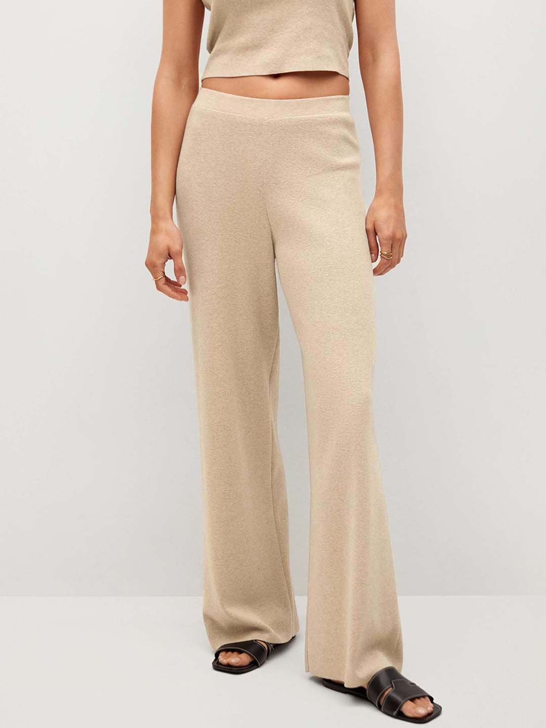 

MANGO Women Beige Pure Cotton Trousers