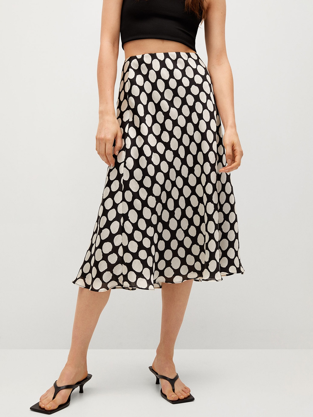 

MANGO Black & White Polka Dot Print Crinkled Midi Flared Skirt