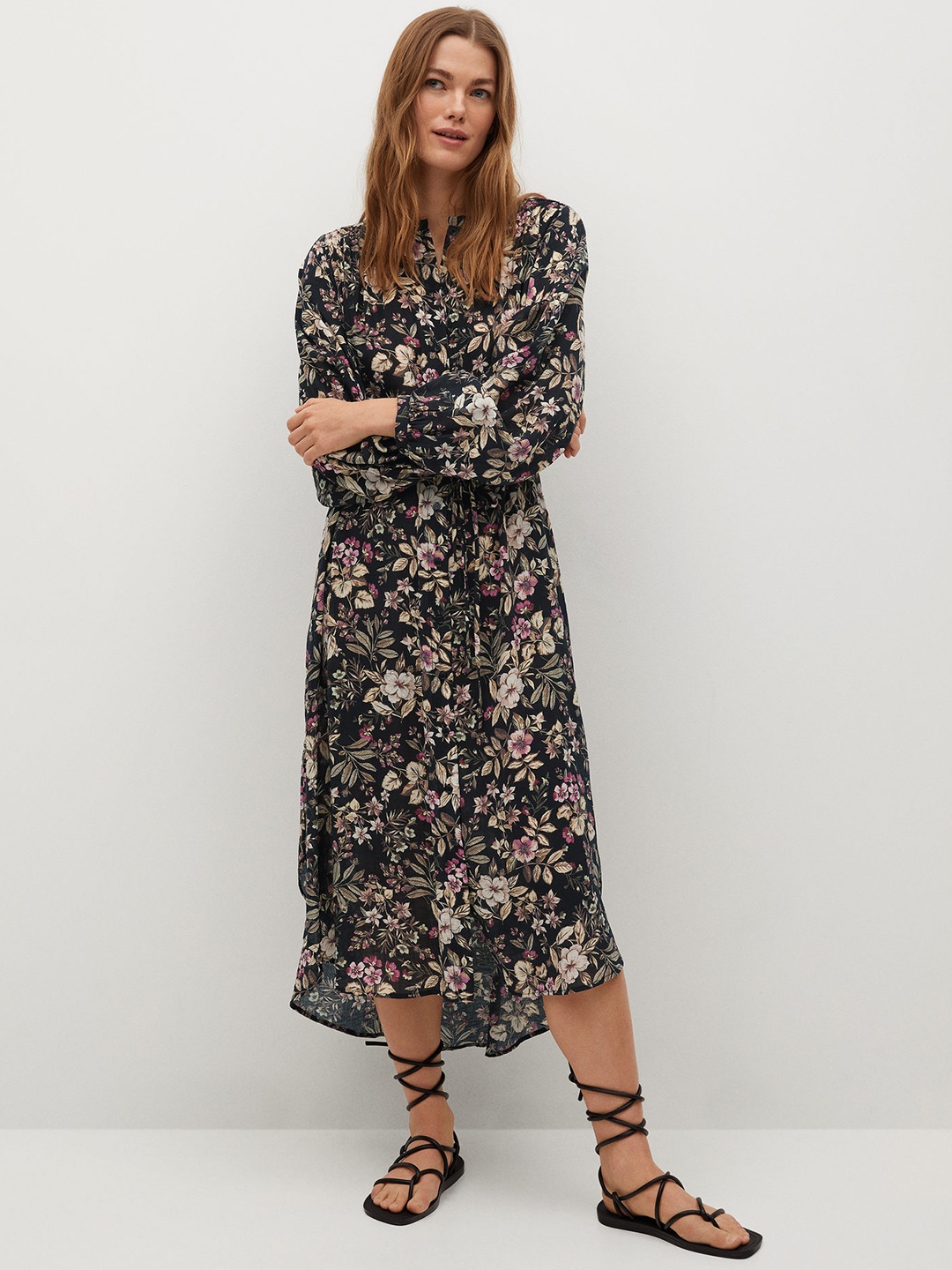 

MANGO Black & Cream-Coloured Floral Printed Shirt Dress With Cuffed Sleeves