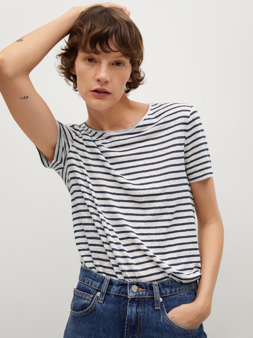 

MANGO Women White & Navy Blue Pure Linen Striped Round Neck T-shirt