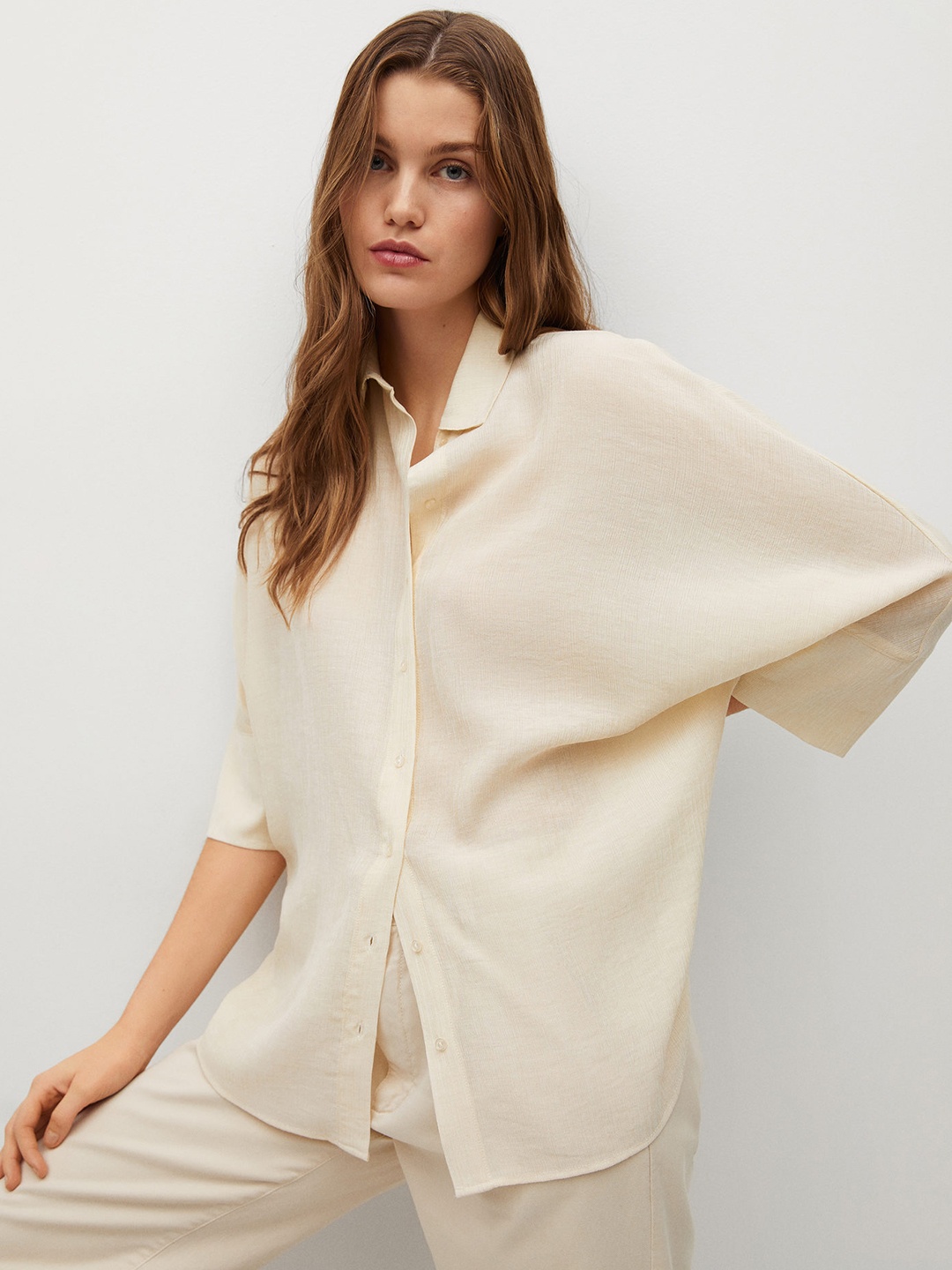 

MANGO Women Cream-Coloured Regular Fit Crinkled Casual Shirt