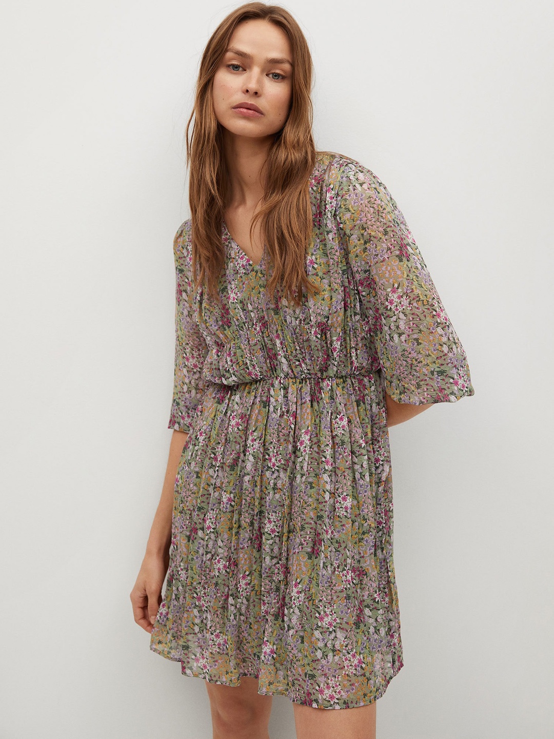 

MANGO Women Green & Pink Floral Print A-Line Dress