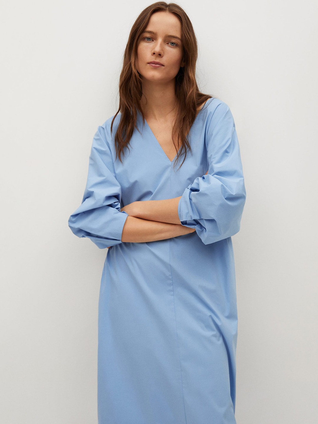 

MANGO Women Blue Solid Midi Shift Dress with Pockets