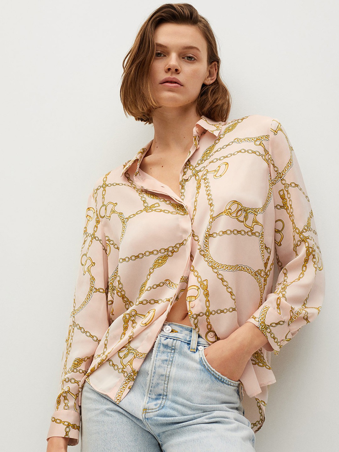 

MANGO Women Peach-Coloured & Yellow Regular Fit Scarf Print Casual Shirt