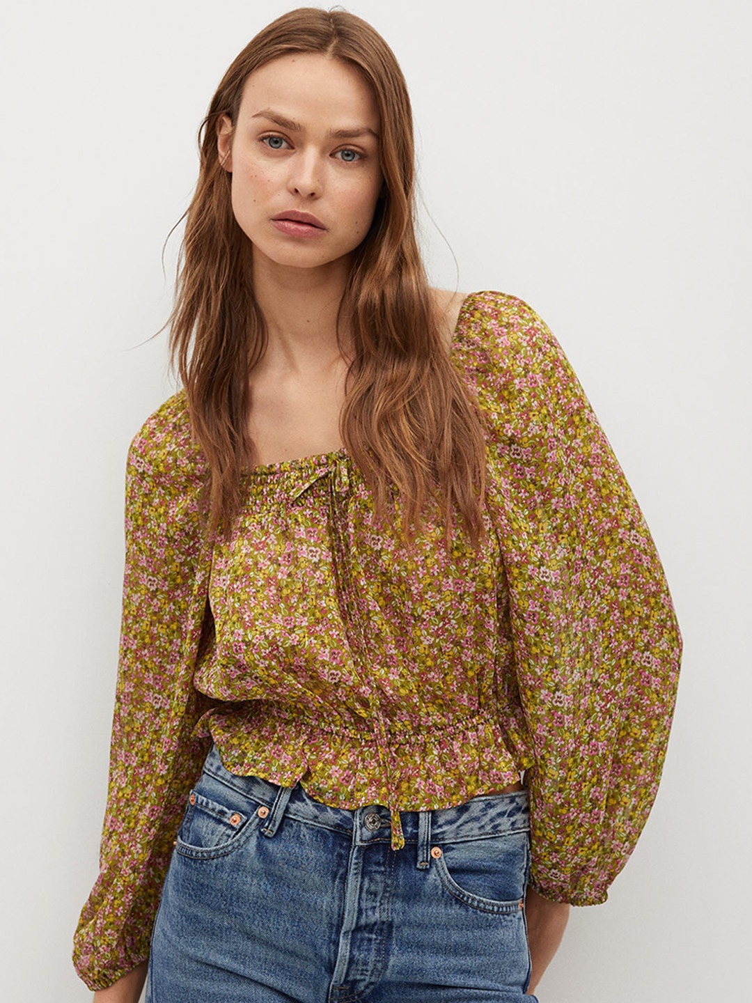 

MANGO Green & Pink Micro Floral Print Puff Sleeves Cinched Waist Sustainable Top